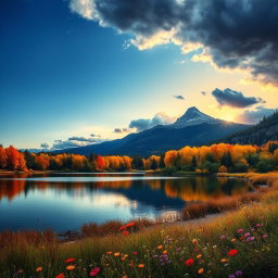 A serene landscape that encapsulates human emotions through nature: a tranquil lake reflecting the calm blue sky symbolizing peace, vibrant autumn trees representing joy and the beauty of change with shades of orange, yellow, and red, a stormy sky in the background illustrating anger or frustration with dark clouds and lightning