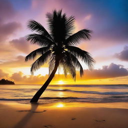 A stunning sunset over a tranquil beach, with golden rays reflecting off the sparkling ocean, a silhouette of a palm tree in the foreground, and a colorful, vibrant sky.