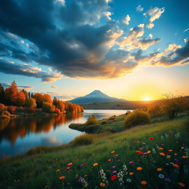 A serene landscape that encapsulates human emotions through nature: a tranquil lake reflecting the calm blue sky symbolizing peace, vibrant autumn trees representing joy and the beauty of change with shades of orange, yellow, and red, a stormy sky in the background illustrating anger or frustration with dark clouds and lightning