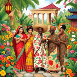 A vibrant and eclectic melange of various cultures and elements, featuring a fusion of traditional clothing styles from around the world: a bright Indian sari adorned with intricate designs, an elegant Japanese kimono with beautiful cherry blossom patterns, a colorful Mexican sombrero, and a flowing African dashiki