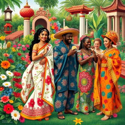 A vibrant and eclectic melange of various cultures and elements, featuring a fusion of traditional clothing styles from around the world: a bright Indian sari adorned with intricate designs, an elegant Japanese kimono with beautiful cherry blossom patterns, a colorful Mexican sombrero, and a flowing African dashiki