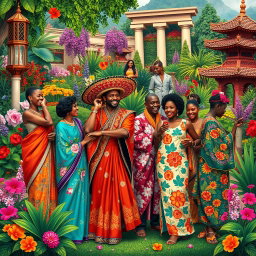 A vibrant and eclectic melange of various cultures and elements, featuring a fusion of traditional clothing styles from around the world: a bright Indian sari adorned with intricate designs, an elegant Japanese kimono with beautiful cherry blossom patterns, a colorful Mexican sombrero, and a flowing African dashiki