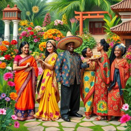A vibrant and eclectic melange of various cultures and elements, featuring a fusion of traditional clothing styles from around the world: a bright Indian sari adorned with intricate designs, an elegant Japanese kimono with beautiful cherry blossom patterns, a colorful Mexican sombrero, and a flowing African dashiki