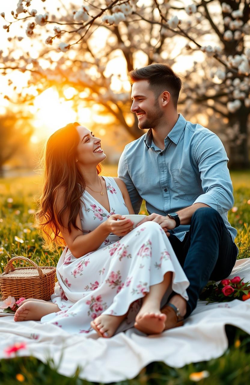 A joyful romantic scene in a serene park during sunset, featuring a couple sitting close together on a blanket, sharing a picnic