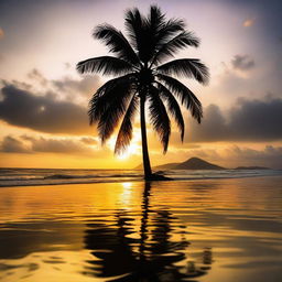 A breathtaking image of a tranquil beach at sunset. Highlight the golden rays reflecting off the glistening ocean. Include an imposing silhouette of a palm tree in the foreground and characterise it with a vibrant, colorful sky.