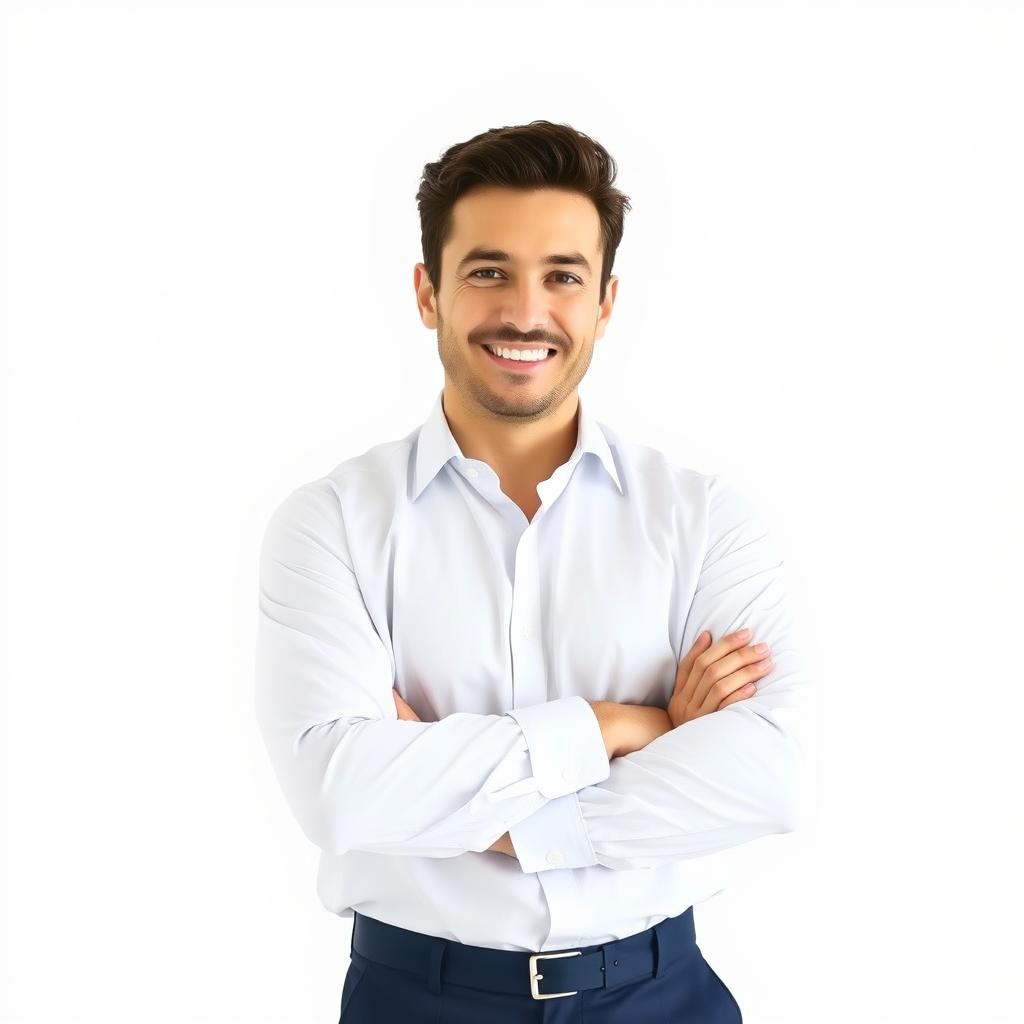 A man standing confidently in a formal white shirt and navy blue trousers, set against a clean white background