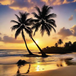 A breathtaking image of a tranquil beach at sunset. Highlight the golden rays reflecting off the glistening ocean. Include an imposing silhouette of a palm tree in the foreground and characterise it with a vibrant, colorful sky.