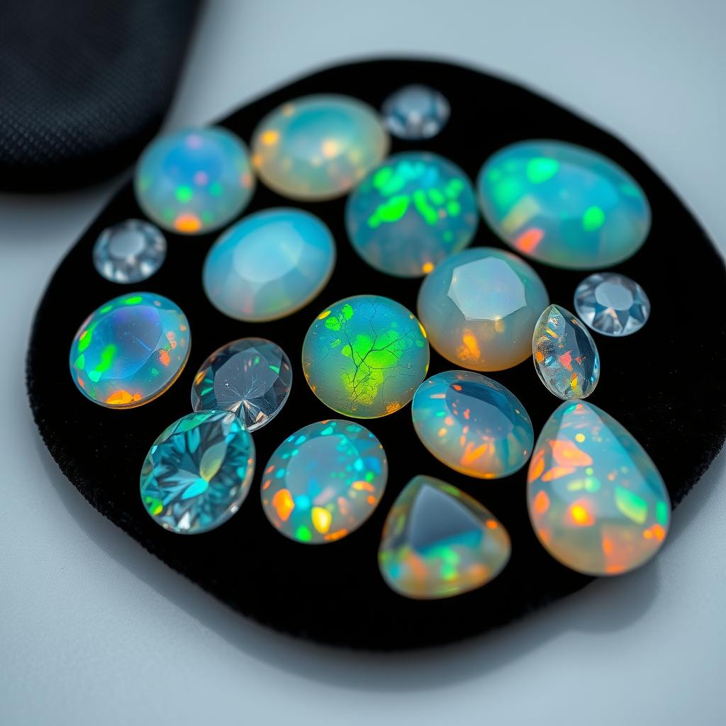A stunning opal gemstone display with various shades of blue, green, and hints of fiery orange, set on a sleek black velvet background