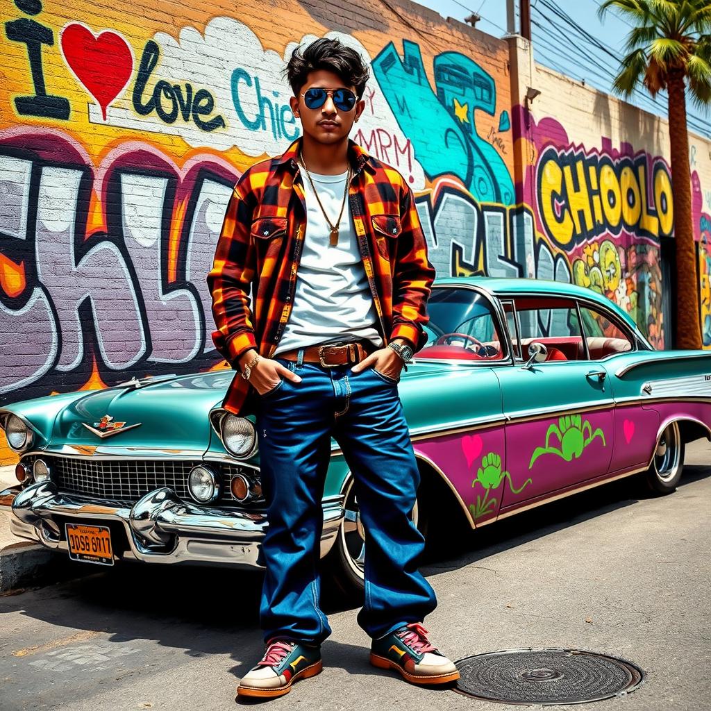 A vibrant and colorful street scene depicting a cool, confident young man in a stylish Cholo outfit, complete with a plaid shirt, baggy jeans, and stylish accessories, standing next to a classic lowrider car