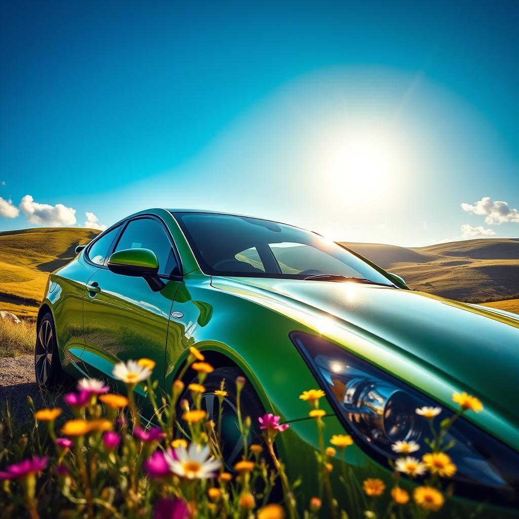 A beautifully detailed image of an Opal Corsa car parked under a bright blue sky
