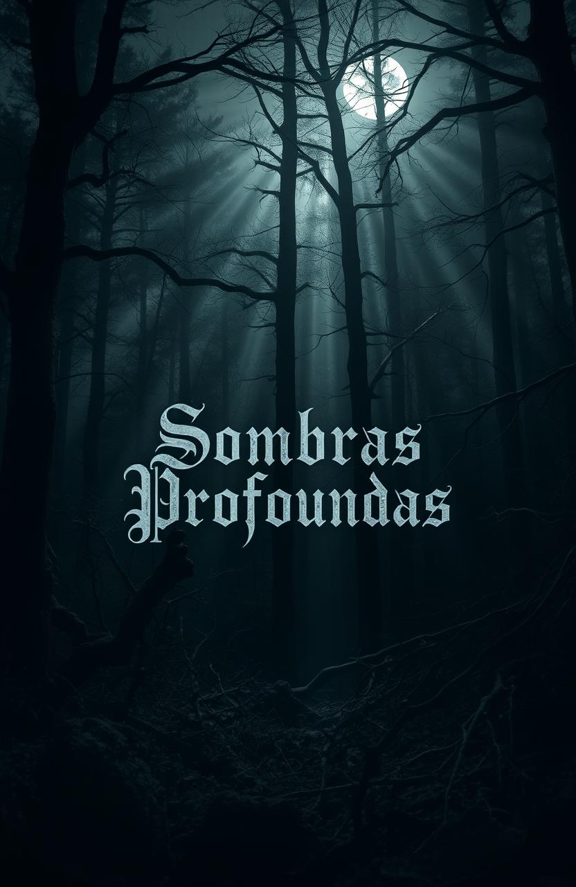 A dark, mysterious forest filled with tall, gnarled trees and dense, tangled underbrush