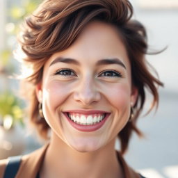 A close-up portrait of a cheerful person looking straight ahead, flashing a bright, warm smile