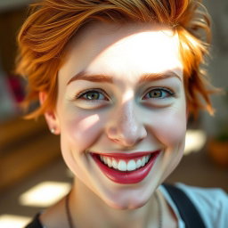 A close-up portrait of a cheerful person looking straight ahead, flashing a bright, warm smile