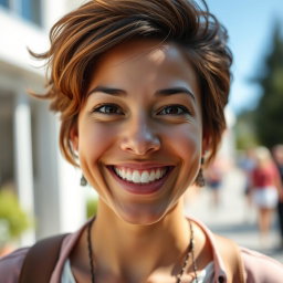 A close-up portrait of a cheerful person looking straight ahead, flashing a bright, warm smile