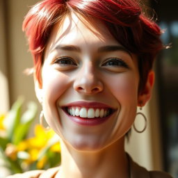 A close-up portrait of a cheerful person looking straight ahead, flashing a bright, warm smile
