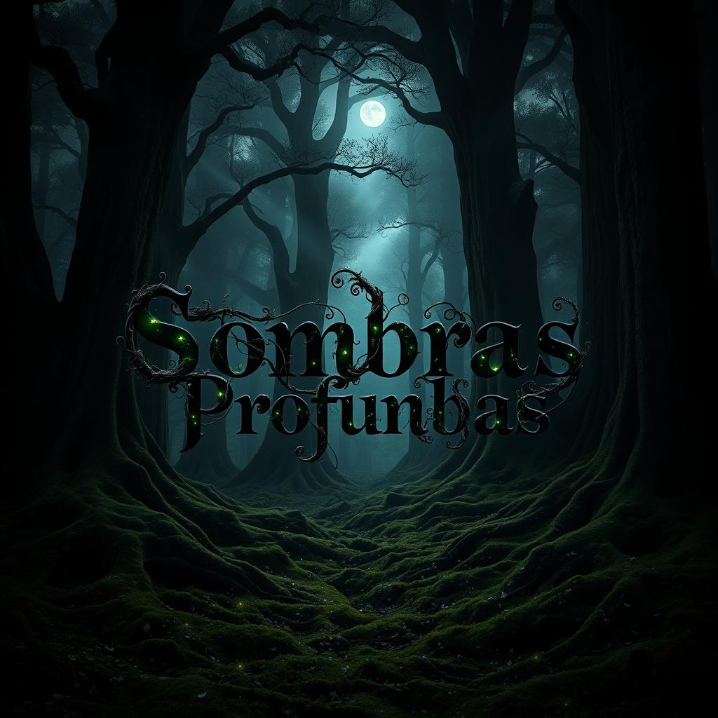 A dark, enchanting forest with towering ancient trees and a dense carpet of moss covering the ground