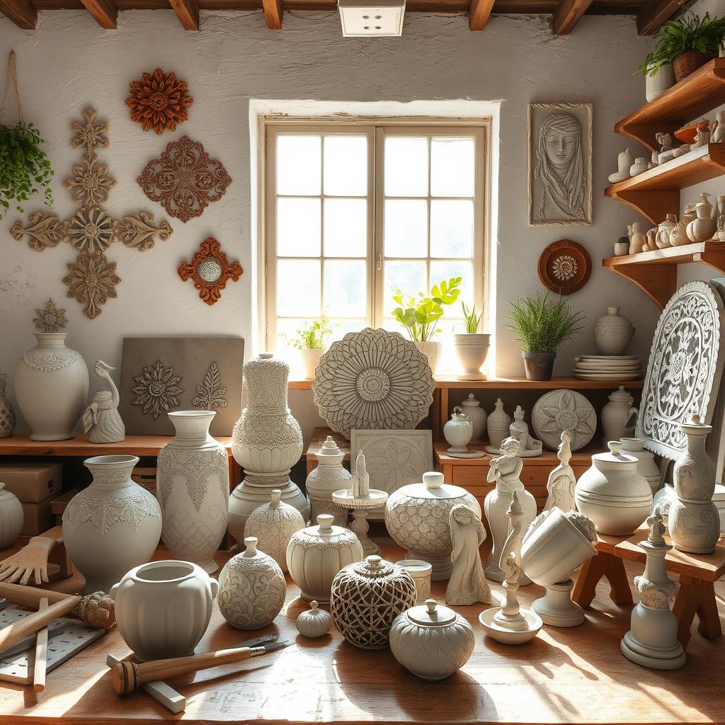 A variety of beautifully crafted cement handicrafts displayed in a bright, airy workshop