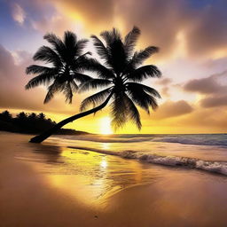 A breathtaking image of a tranquil beach at sunset. Highlight the golden rays reflecting off the glistening ocean. Include an imposing silhouette of a palm tree in the foreground and characterise it with a vibrant, colorful sky.