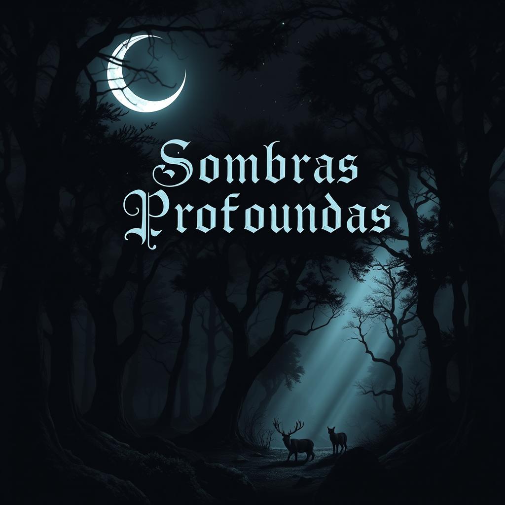 A mysterious and atmospheric book cover for a title called 'Sombras Profundas', featuring a dark, dense forest illuminated only by moonlight