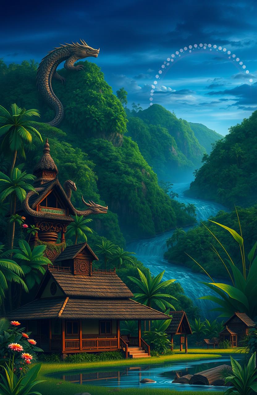 A serene landscape depicting the rich culture of the Dayak people of Kalimantan, showing a traditional longhouse in the foreground surrounded by lush tropical rainforest
