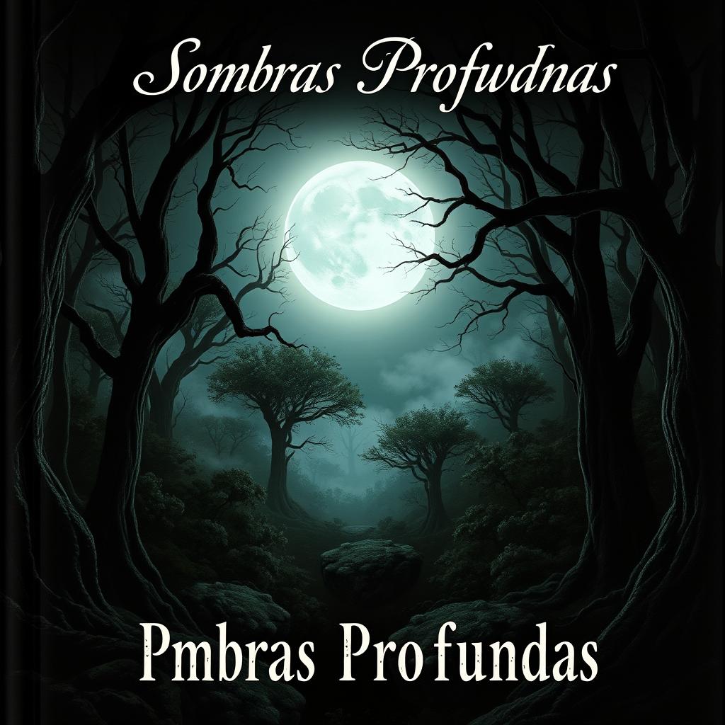 A captivating book cover for a title called 'Sombras Profundas', depicting a dark, foreboding forest illuminated solely by the gentle light of the moon