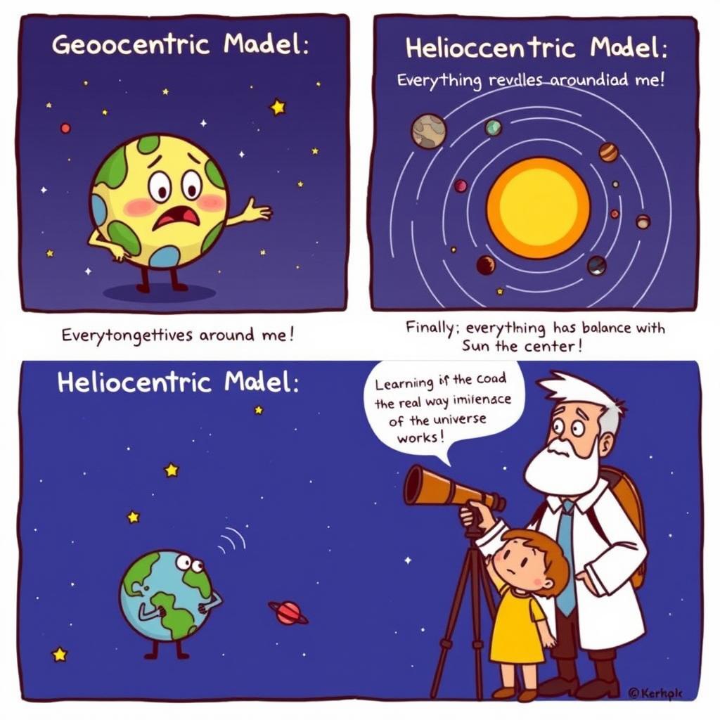 A comic strip illustrating the differences between the geocentric and heliocentric models of the universe