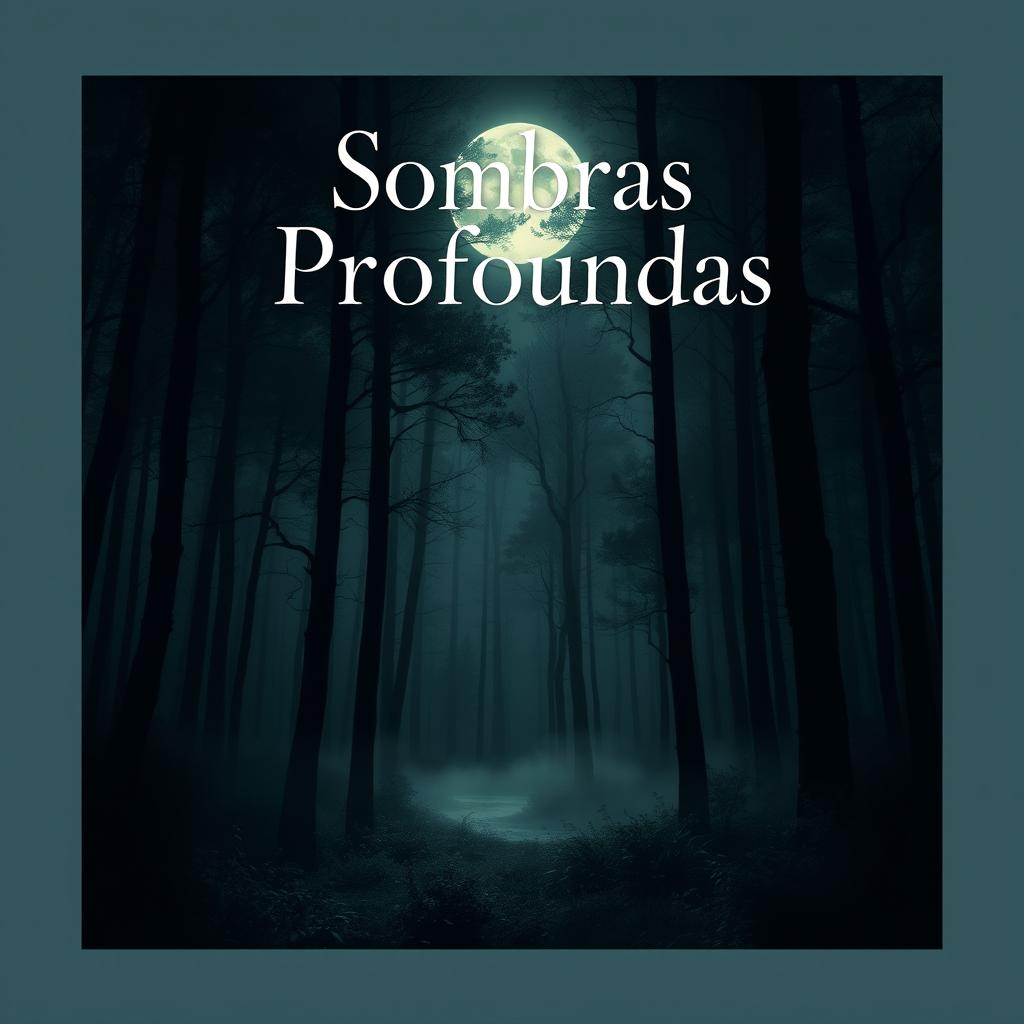A book cover design for 'Sombras Profundas', featuring a dark, mysterious forest illuminated only by soft, silvery moonlight