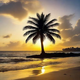 A breathtaking image of a tranquil beach at sunset. Highlight the golden rays reflecting off the glistening ocean. Include an imposing silhouette of a palm tree in the foreground and characterise it with a vibrant, colorful sky.