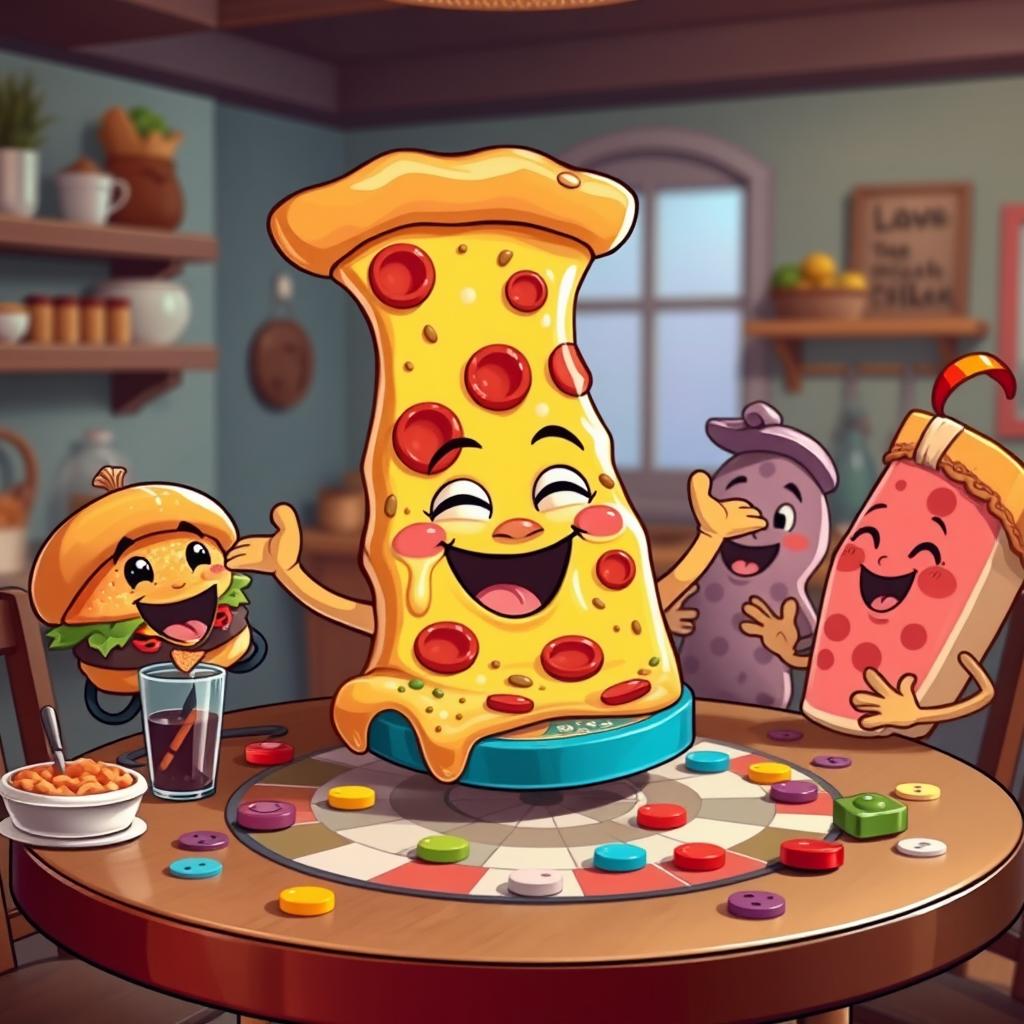 A playful pizza character, anthropomorphized with cartoonish features, is joyfully playing a lively board game with a group of colorful, friendly food characters like a smiling burger, a cheerful taco, and a happy slice of cake