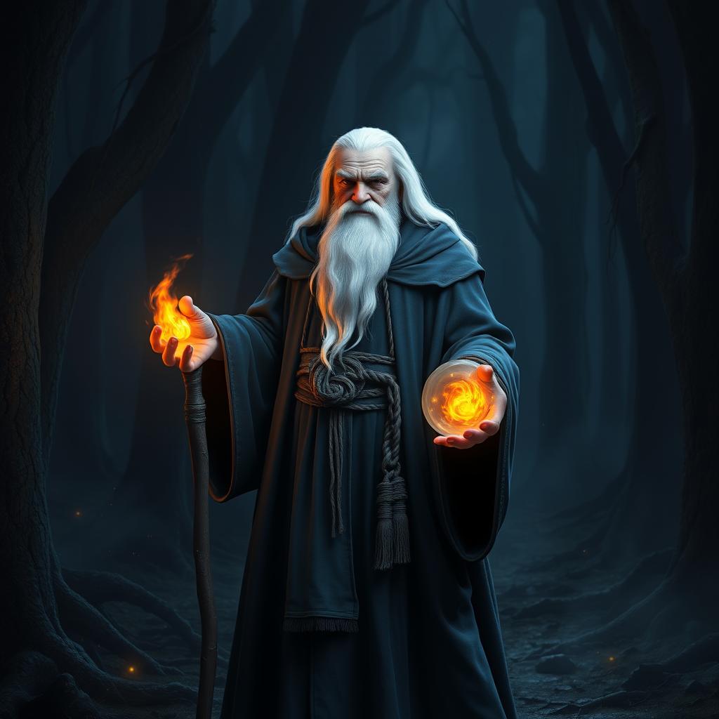 An elderly wizard with a tall stature, dressed in a deep blue to black robe, standing in a dark, mystical forest