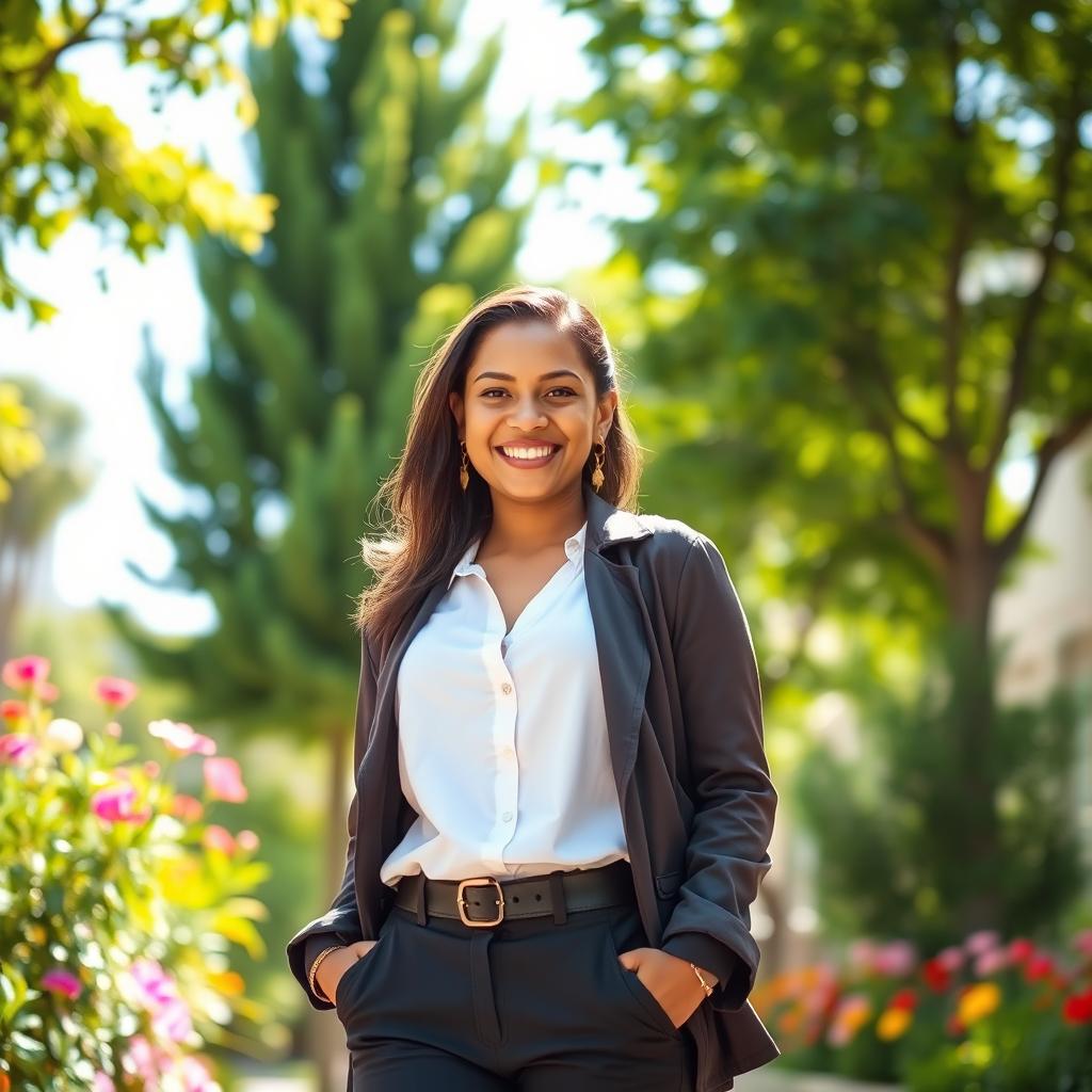 A person standing confidently in a vibrant outdoor setting, wearing a stylish outfit with a bright sunny background