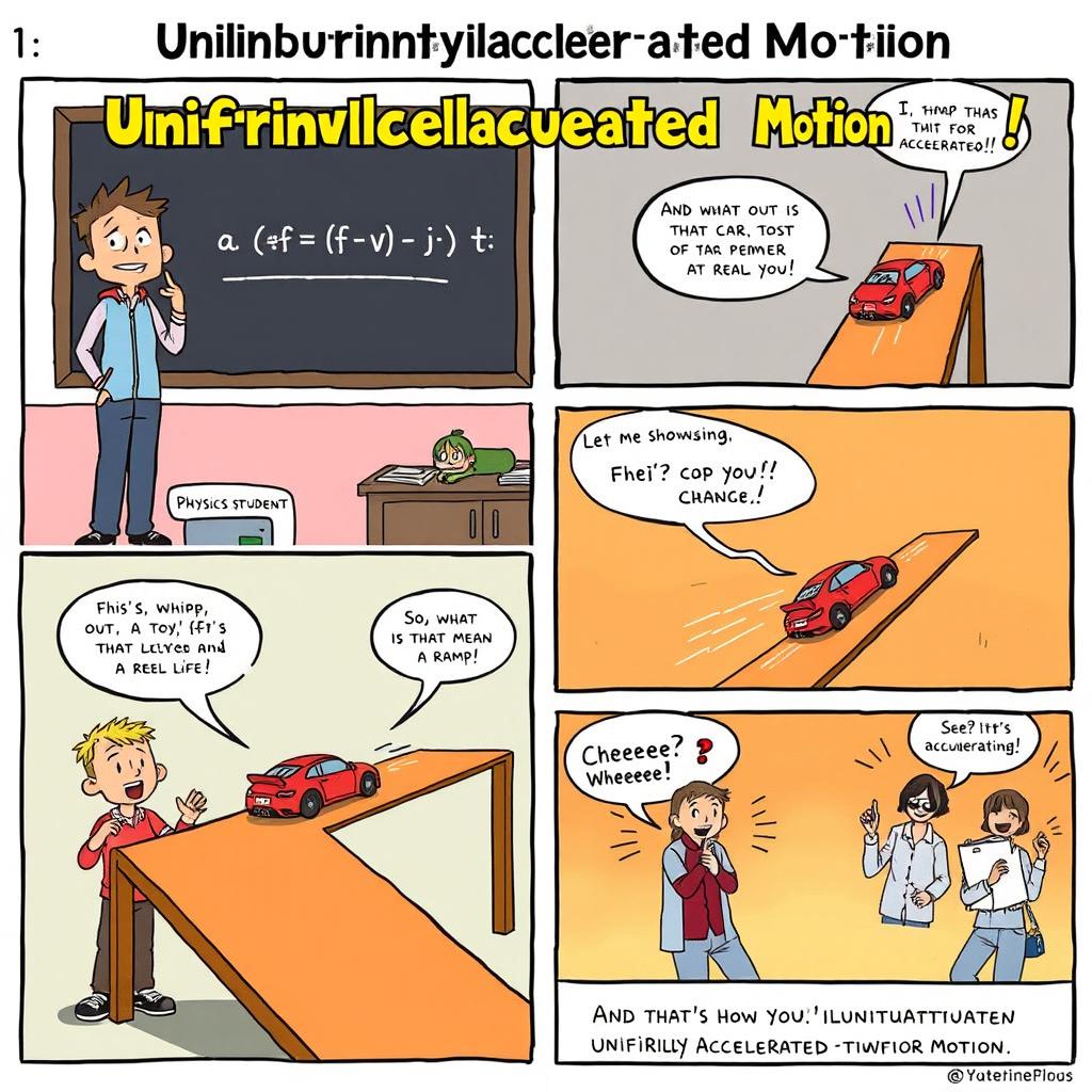 A 6-panel comic strip depicting Uniformly Accelerated Motion