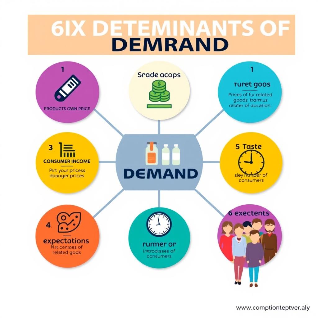 An educational infographic poster showcasing the six determinants of demand in a visually appealing way