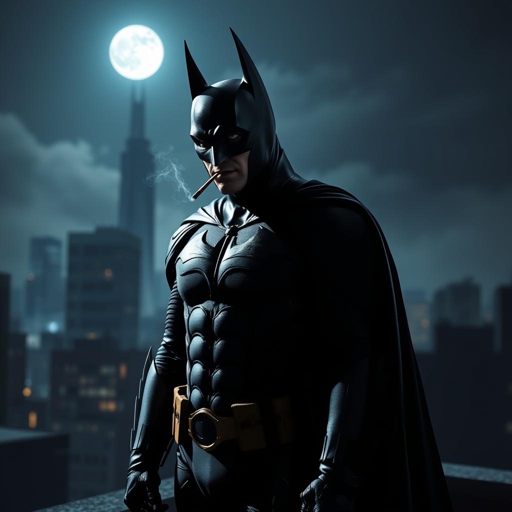 A brooding Batman standing on a rooftop at night, dressed in his iconic dark suit and cape, with shadows dramatically lit by the moonlight