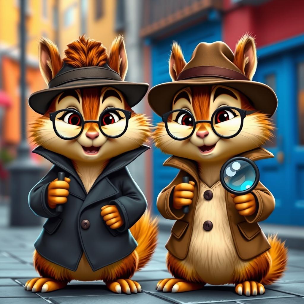 Two cartoon chipmunks styled as Dupond and Dupont, featuring classic trench coats and fedoras