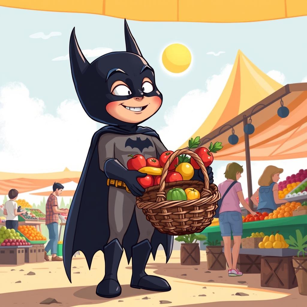 A whimsical scene of Batman, dressed in his iconic dark costume, standing in a vibrant fruit market