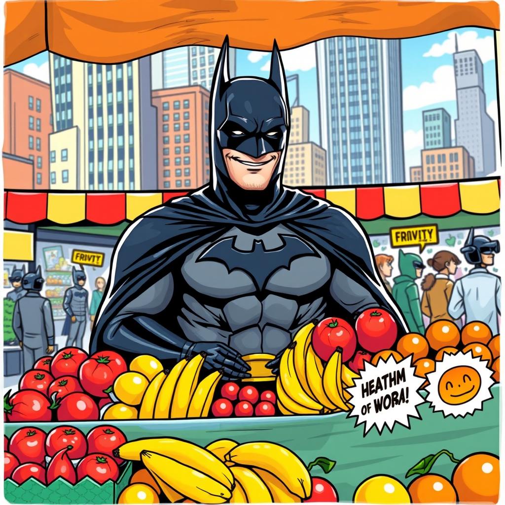 Batman, dressed in his iconic dark cape and cowl, stands behind a colorful fruit stall filled with various fruits like bright red apples, yellow bananas, and vibrant oranges
