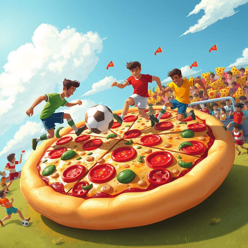 A whimsical scene depicting players energetically playing football on a giant pizza