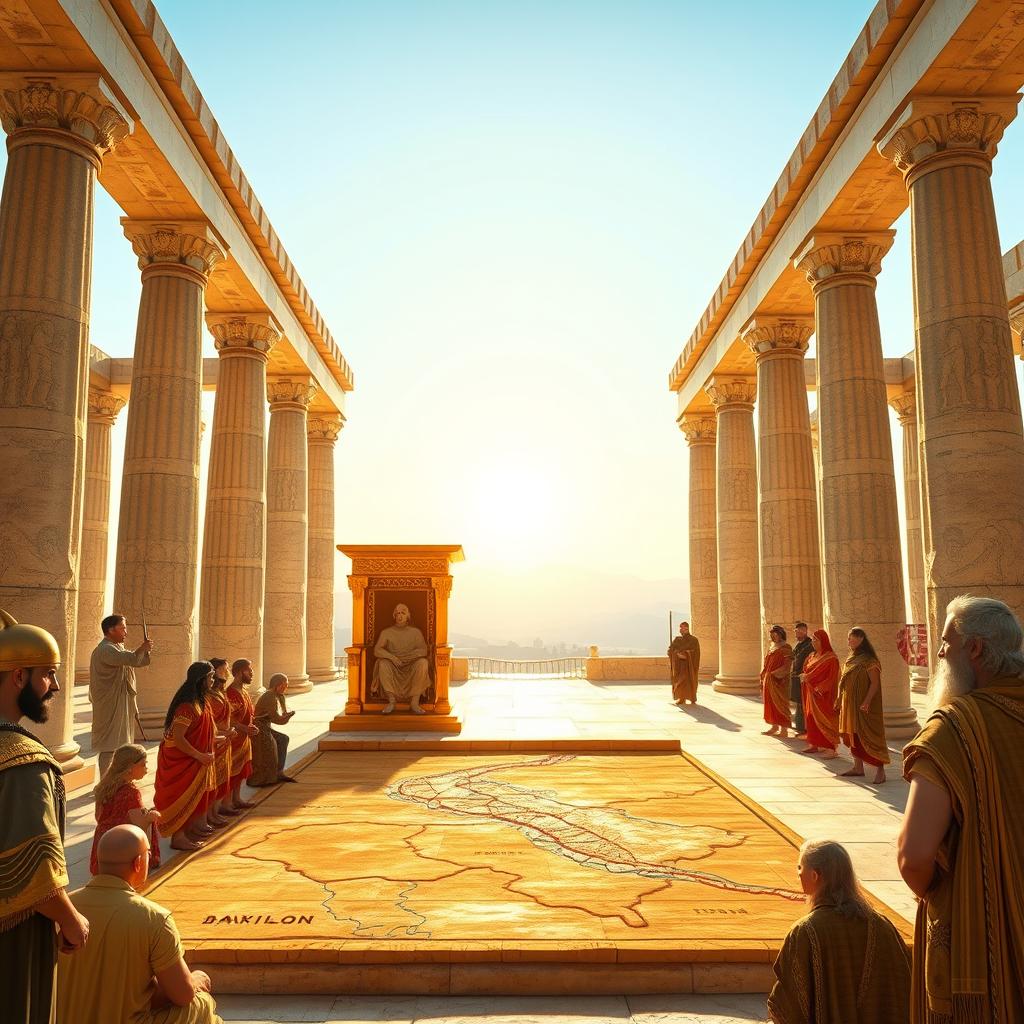 In the ancient Hall of Apadana in Persepolis, under the radiant sun rising over the horizon, the white stones shine brightly