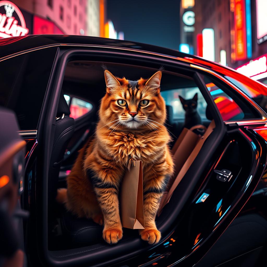 A confident and stylish chubby orange and black cat sitting in the back seat of a sleek, black luxury car, exuding an aura of authority