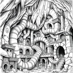 A detailed black and white drawing of a dwarven underground city ventilation system, showcasing its intricate design and functionality