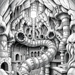 A detailed black and white drawing of a dwarven underground city ventilation system, showcasing its intricate design and functionality