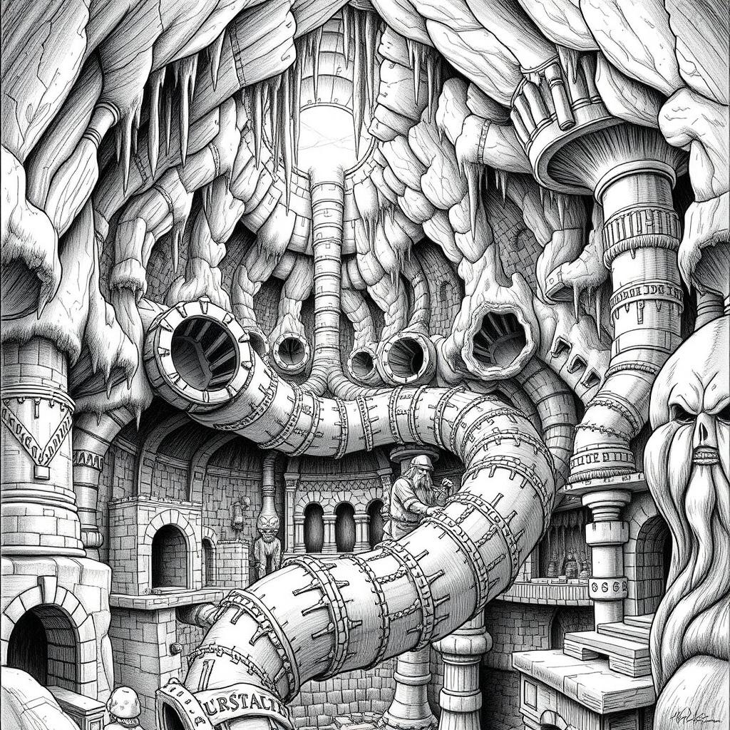 A detailed black and white drawing of a dwarven underground city ventilation system, showcasing its intricate design and functionality
