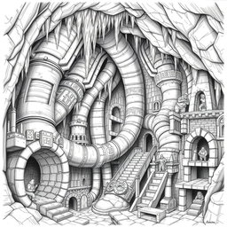 A detailed black and white drawing of a dwarven underground city ventilation system, showcasing its intricate design and functionality