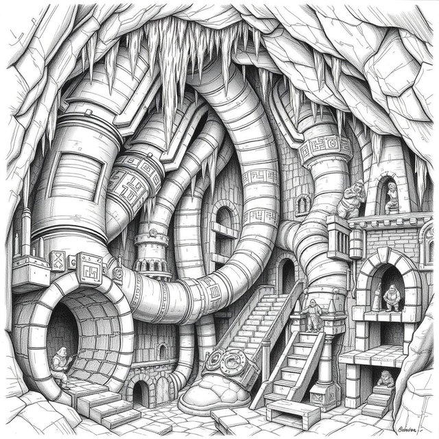A detailed black and white drawing of a dwarven underground city ventilation system, showcasing its intricate design and functionality