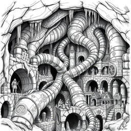 A detailed black and white drawing of a dwarven underground city ventilation system, showcasing its intricate design and functionality