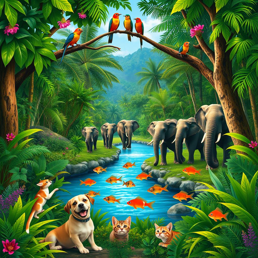 A vibrant jungle scene filled with thick, lush greenery, towering trees, and colorful foliage