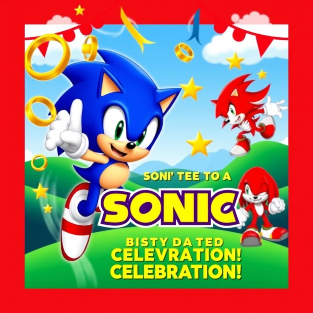 A colorful and vibrant invitation design for a Sonic-themed party featuring Sonic the Hedgehog in action, surrounded by iconic elements from the Sonic universe like rings, golden stars, and his friends Tails and Knuckles