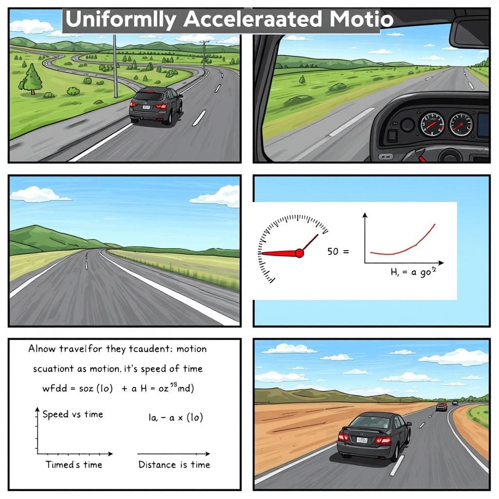 A comic strip illustrating the concept of Uniformly Accelerated Motion in a realistic style, composed of 6 panels
