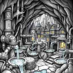 A meticulously detailed black and white drawing of a dwarven underground city water supply and pump system as it weaves through residential blocks